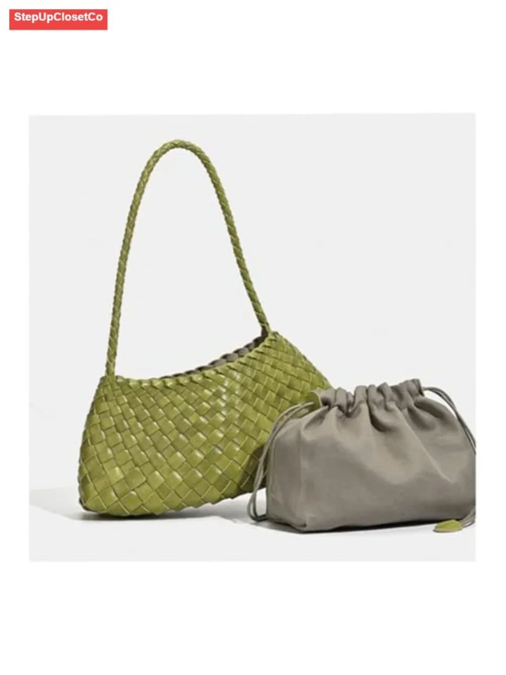 Handwoven Leather Shoulder Bag Hobo Purse Braided Strap Drawstring Closure